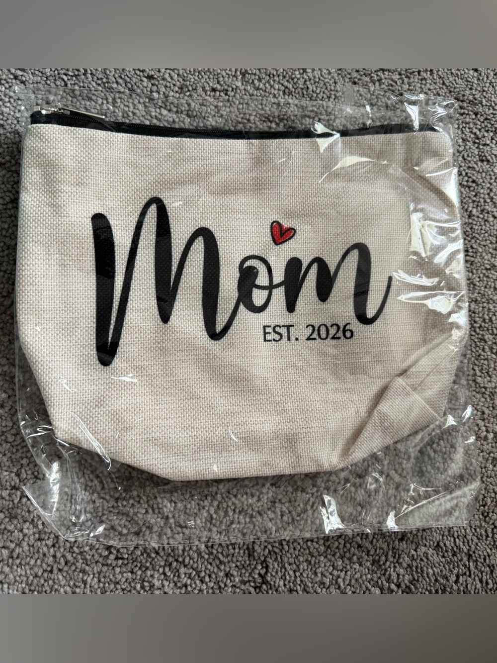 Mom Est. 2026 Canvas Makeup Bag - Natural with Black & Red